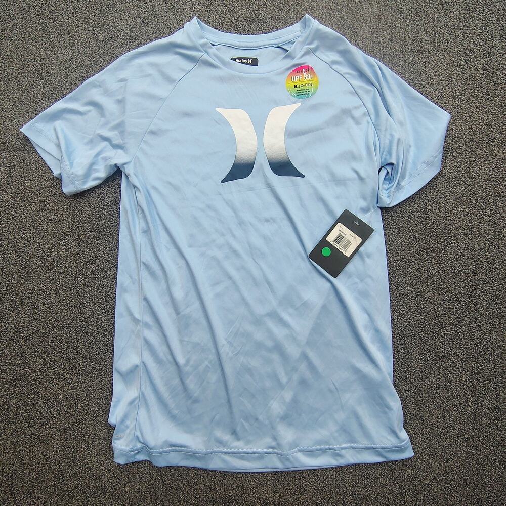 New Hurley Boys Size L UPF 50+ H2O DRI Short Sleeve Rash Guard Surf Swim Aqua